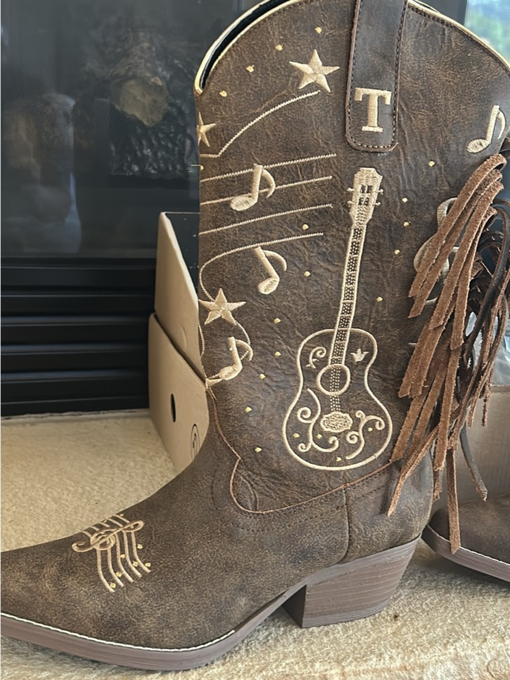Brown Western Guitar Embroidered Fringe Cowboy Boots women 10 leather new